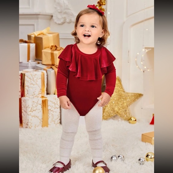 Red velvet Baby / toddler Ruffle Trim Bodysuit - Picture 2 of 3